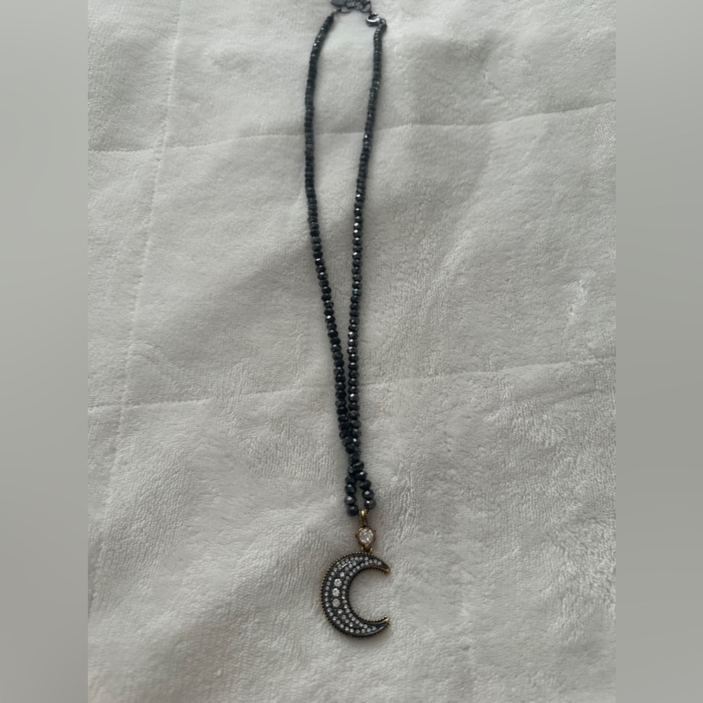 Elegant Black Beaded Moon Pendant Necklace